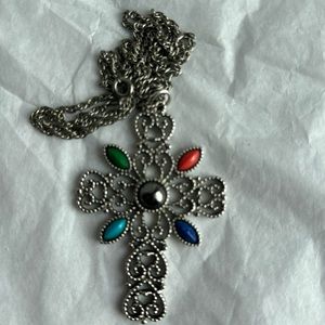 Vintage ornate cross stones pendant necklace crucifix